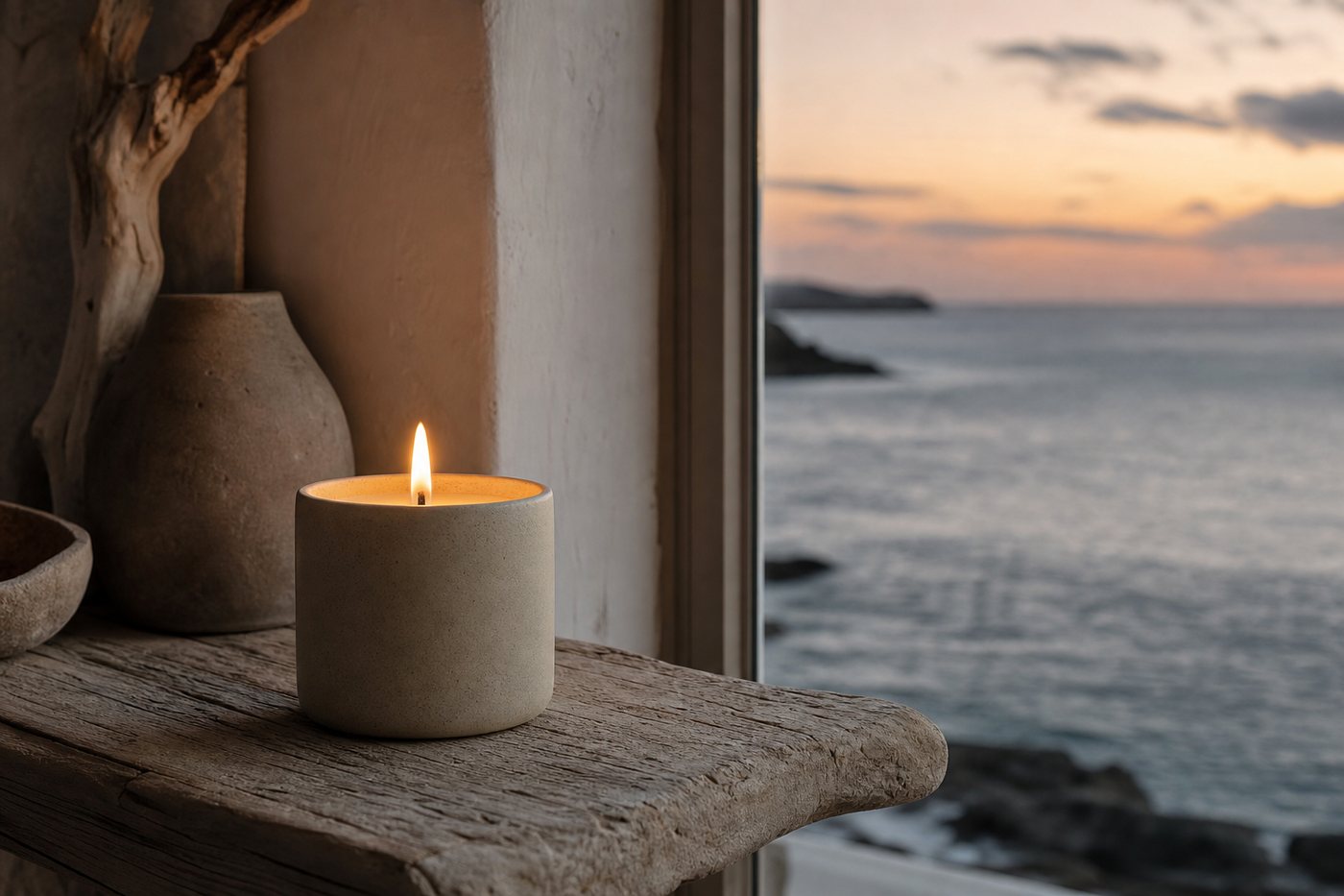A lit candle on a driftwood shelf by a window